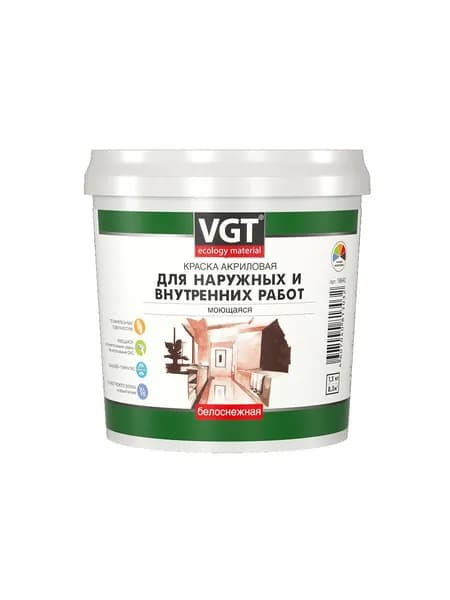 Краска акриловая VGT водно-дисперсионная универсальная, моющаяся, матовая, белоснежная, 1.5 кг