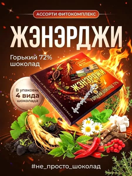 Горький шоколад ассорти 72% с фитокомплексом, функциональный 72%, 8 шт. по 5 гр.