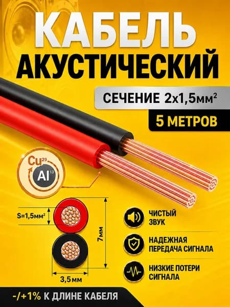 Кабель акустический двужильный 2х1,5 омедненный 5 метров; провода для автозвука; акустический провод ШВПМ