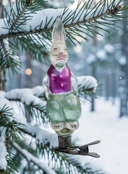 Винтажная стеклянная ёлочная игрушка Заяц на лыжах, СССР, 12 см