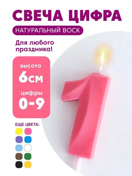 Свеча цифра 1 для торта на торт на палке розовая