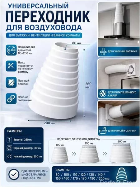 Переходное кольцо для вытяжки (редуктор), усиленное, для вытяжной трубы, нержавеющая сталь, диаметр 80-200 мм, 1 шт