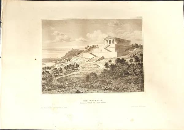 Антикварная гравюра. Вид Вальгаллы 1840 год.