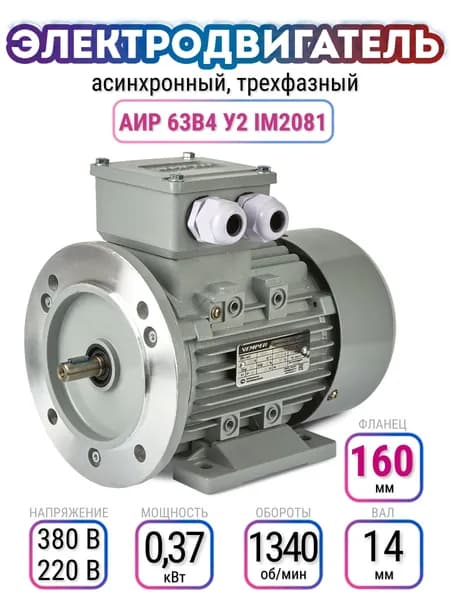 Электродвигатель 63B4 АИР, 220В/380В, мощность 0,370 кВт, частота вращения 1340 об/мин, лапы+фланец, вал 14 мм, трехфазный асинхронный, VEMPER