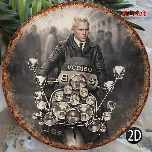 Металлическая декоративная картинка с изображением мотоцикла, 20x20 см. Подходит для использования в домашних условиях и гаражах.