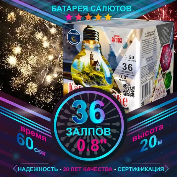 Легенда Салют 0,8"", число зарядов36 , высота подъема20 м.