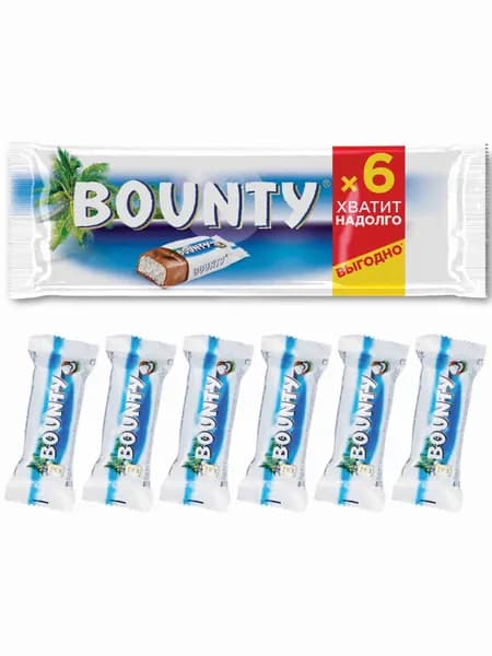 Шоколадные батончики Bounty, кокос в молочном шоколаде, набор батончиков, 6 шт по 27,5 г