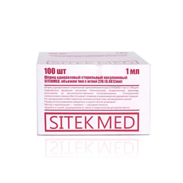 Шприц инсулиновый 1мл U-100 съемная игла 27G 0,4 х 12 мм (100 шт.), Sitekmed