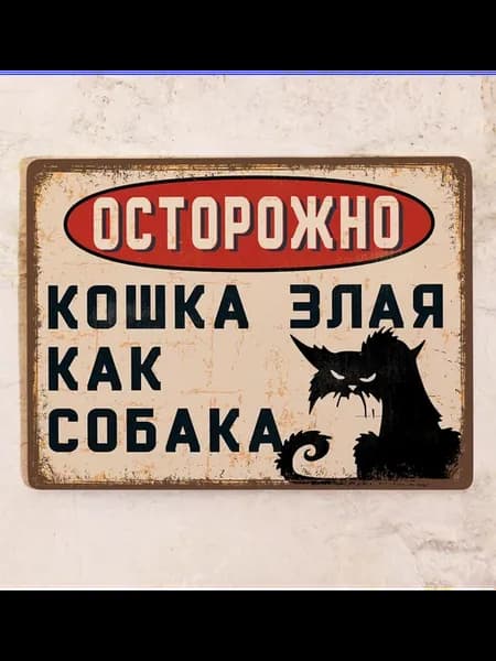 Табличка Осторожно! Кошка злая как собака металл, 20х30 см