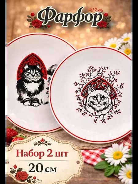 Набор фарфоровых тарелок с котами 2 штуки