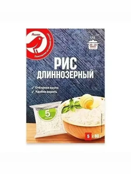 Рис АШАН Красная птица длиннозерный в пакетиках для варки 400 г