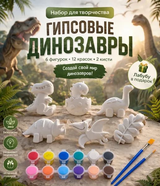 Набор для росписи гипсовых динозавров с красками и кистями для творчества и хобби