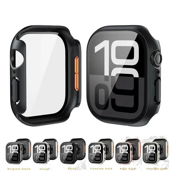 Закаленное стекло + Чехол для Apple Watch 46мм 42мм 45мм 44мм 41мм 40мм,Водонепроницаемый пылезащитный чехол для iWatch Series 10 SE 9 8 7 6 5 4