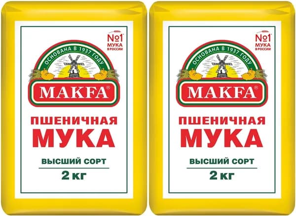 Мука Makfa пшеничная высший сорт, комплект: 2 упаковки по 2 кг