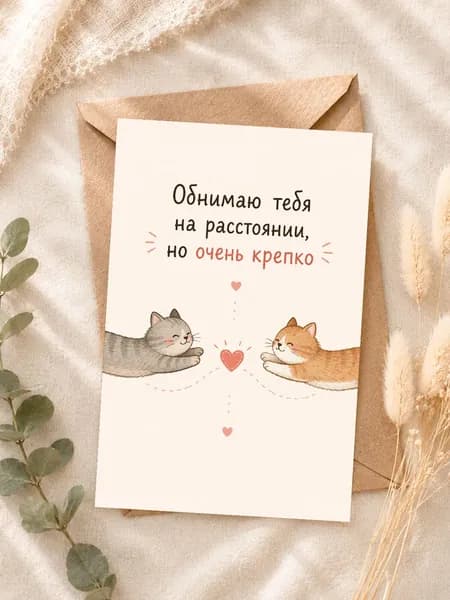 Открытка "Обнимаю тебя на расстоянии, но очень крепко" с котиками, A6 10х15 см с крафт-конвертом