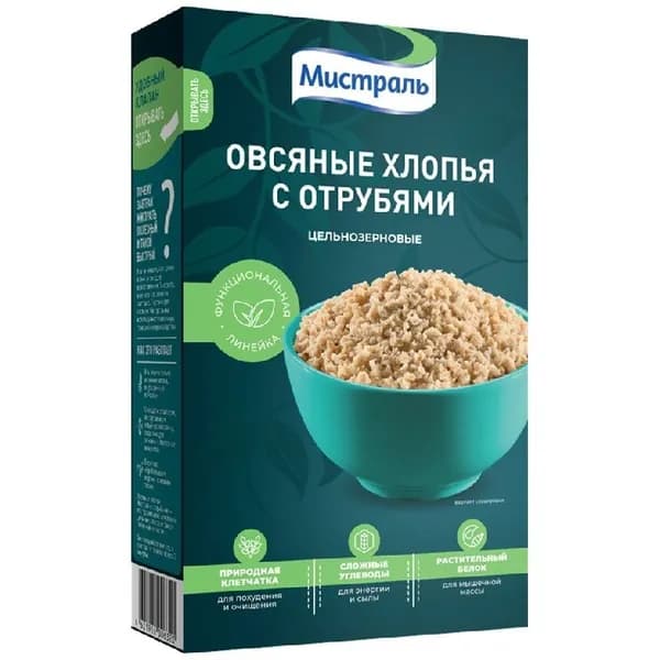 Хлопья МИСТРАЛЬ Овсяные с ОТРУБЯМИ /картон/ 400г