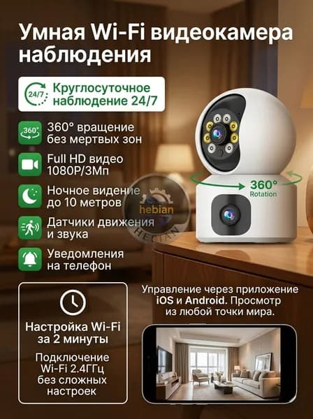 Камера видеонаблюдения Wi-Fi для дома с 2 объективами, Видеоняня