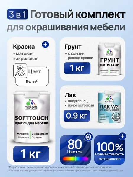 Комплект Malare SoftTouch для окрашивания мебели (1кг грунт + 1 кг краска + 0.9кг лак), акриловый, без запаха, быстросохнущий, полуглянцевый, цвет белый