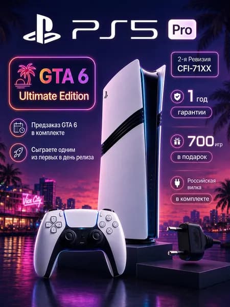 Игровая консоль Playstation 5 Pro 2ТБ, GTA 6, 1 геймпад, 700 игр, 2 ревизия, гарантия, российская вилка