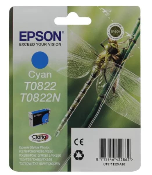 Картридж Epson T0822 голубой оригинальный Epson R1410, R270, R290, R295, R390, RX590, RX610, RX615, RX690, T50, T59, TX650, TX659, TX710W, TX800W