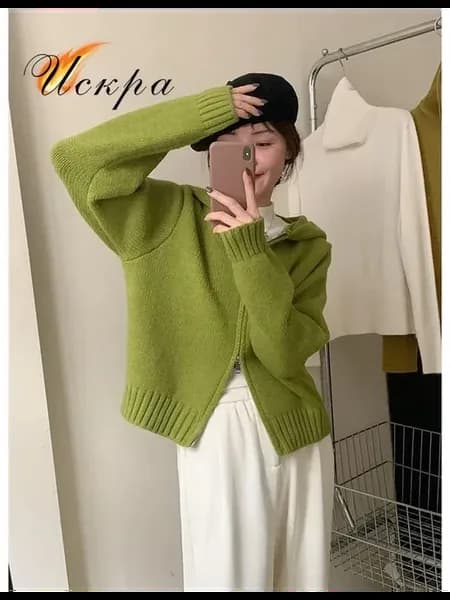 Короткий свитер с капюшоном, куртка-кардиган,зеленый