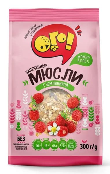 Мюсли Ого! запеченные с земляникой, 300г