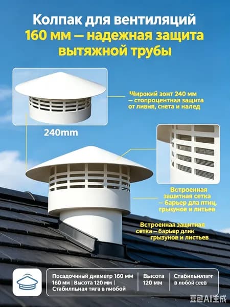 Колпак для вентиляции пластиковый 160 мм, грибок вентиляционный вытяжной, дефлектор трубы для дымохода бани, дома и гаража.