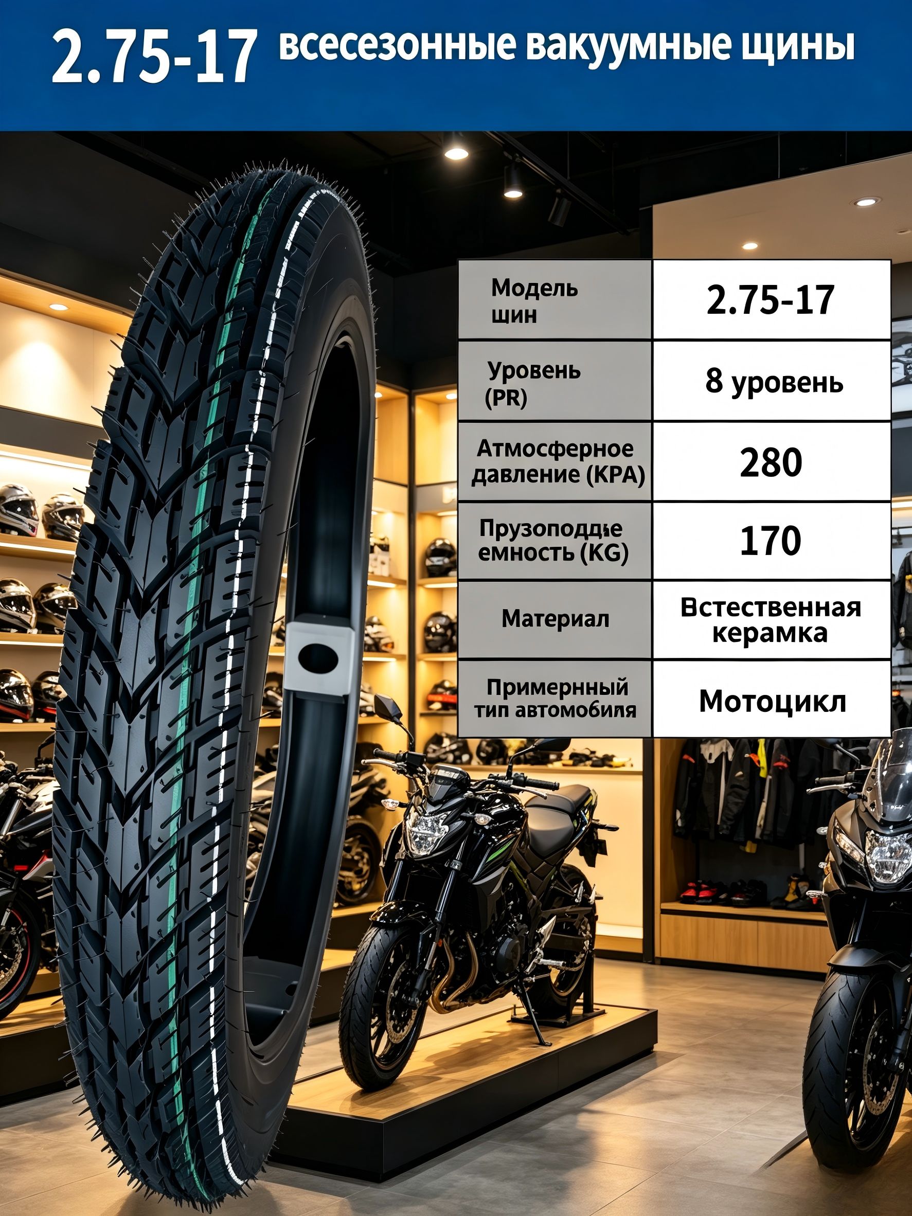Усиленная мотошина 2.75-17 бескамерная, 8PR, для любой погоды Мотошины  70/100 R17 41 P Front/Rear