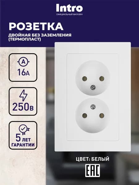 Розетка Intro Accent 6-204-01 без заземления двойная 2X2P, 16А 250В, IP20, скрытой установки, белая