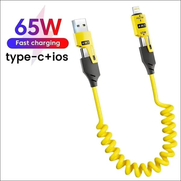 4in1 Кабель для быстрой зарядки TYPEC 65W с двойным наконечником, пружинный, автомобильный PD27W выдвижной кабель