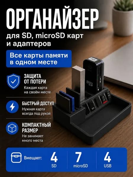 Органайзер для флешек, карт памяти, сим карт, черный