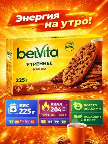 Печенье BELVITA Утреннее Какао, 225г