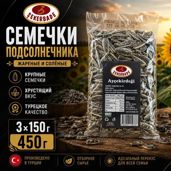 3x 150 г Семечки подсолнечника жареные солёные Sekerbade, крупные турецкие семечки,