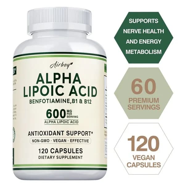 Биологически активная добавка Airboy Alpha-Lipoic Acid обеспечивает антиоксидантную поддержку, способствует улучшению метаболизма, поддерживает здоровье нервной системы и метаболизм глюкозы.