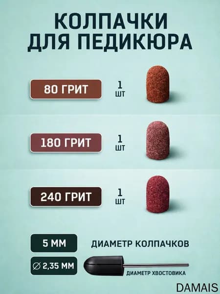 Колпачки для педикюра и насадка для педикюра аппаратного, 5мм, набор 3 шт 80/180/240 грит.