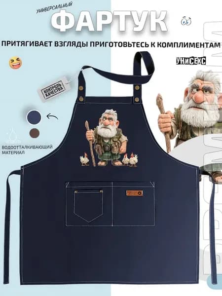 Фартук бородатый гном с посохом и курицами