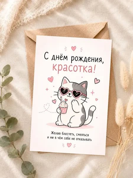 Открытка "С днём рождения, красотка", поздравительная с котиком и конвертом, 10х15