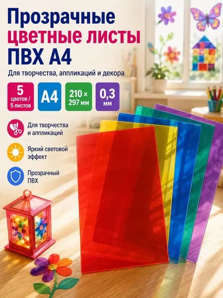 Прозрачные цветные листы ПВХ A4 для творчества и поделок, 5 цветов, 5 листов