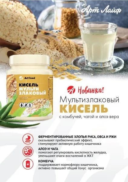АртЛайф, Кисель Мультизлаковый 300 гр. с комбучей, чагой и алоэ вера, способствует активной работе кишечника. Арт Лайф Art Life