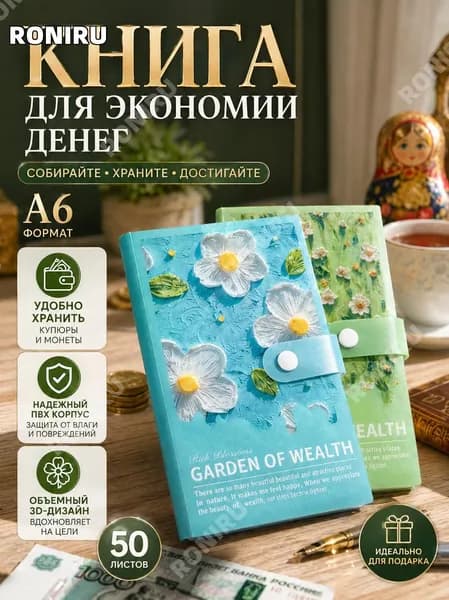 Книга для экономии денег A6 50 листов, портативный аксессуар для хранения банкнот и монет с ПВХ корпусом, 3D-дизайном масляной живописи и застежкой-кнопкой