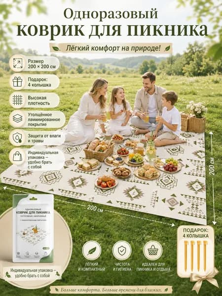 Одноразовый пляжный коврик 200х200 см для отдыха на море, пикника и кемпинга