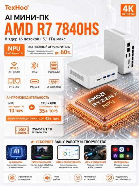 TexHoo Мини-ПК ZNRS5 (AMD Ryzen 7 7840HS, RAM 16 ГБ, SSD 256 ГБ, AMD Radeon 780M, Windows 11 Pro), AI Игровой мини-ПК Ryzen7 7840HS, белый