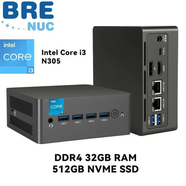 BRENUC Мини-ПК (Intel Core i3-N305, RAM 32 ГБ, SSD 512 ГБ, Intel UHD Graphics, Windows 11 Pro), светло-серый