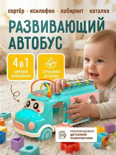 Развивающий сортер Автобус с Ксилофоном голубой