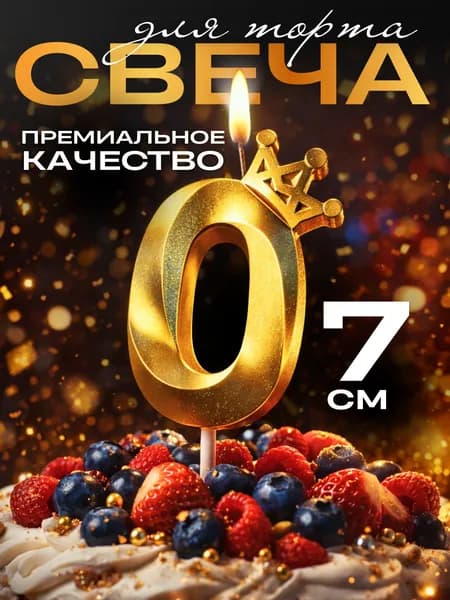 Свечи для торта цифры, свеча цифра 0, с короной, цвет золото