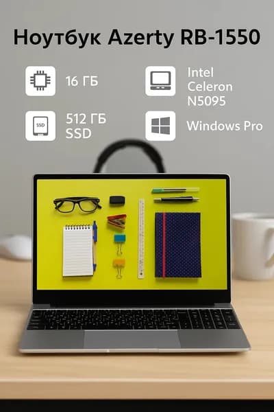 Azerty Ноутбук 15.6", Intel Celeron N5095, RAM 16 ГБ, SSD 512 ГБ, Intel HD Graphics 600, Windows Pro, серый, Русская раскладка
