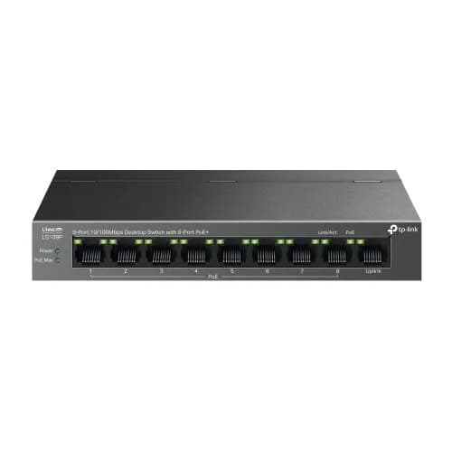 TP-LINK LS109P, Green Tech, 8 мегабитных портов, PoE 63 Вт, 1 восходящий порт, дальность действия 250 м, неуправляемый, металлический корпус.
