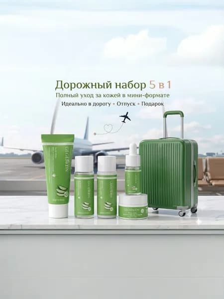 Дорожный Набор 5в1: пенка, лосьон, сыворотка, крем и тоник для лица с Алоэ
