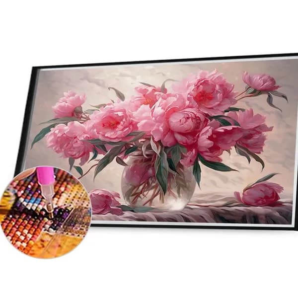 картина на холсте с пионами, 40x30 см, полная укладка страз