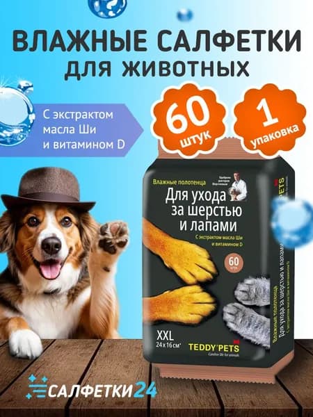 Влажные салфетки для животных, для шерсти и лап собак и кошек, Teddy pets, 60 шт
